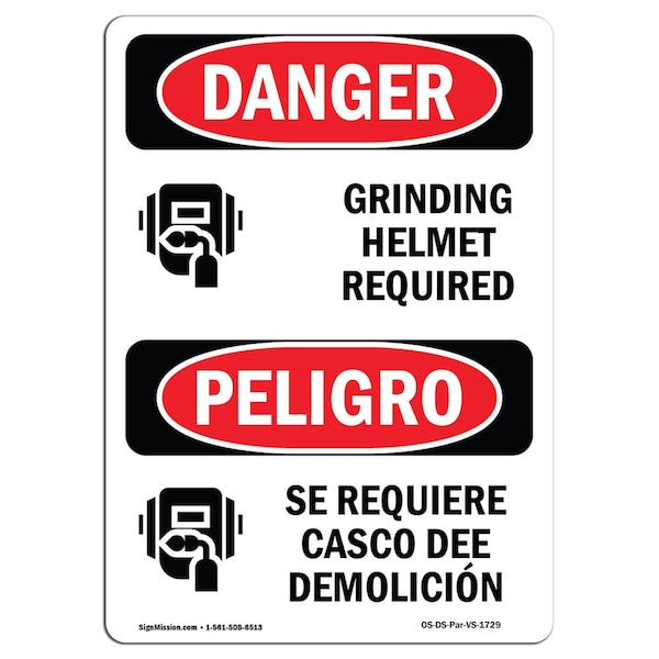 OSHA Sign, Grinding Helmet Required Bilingual, 14in X 10in Aluminum, 10" W, 14" H, Bilingual Spanish